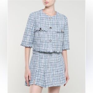 Maje 2 Piece Matching Tweed Short Sleeve Blazer Skort Pleaded Skirt Set Size 38
